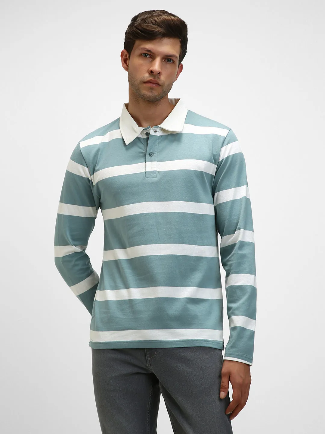 Men's Spread Collar Regular Fit Y/D Stripes Sea Blue T-Shirt