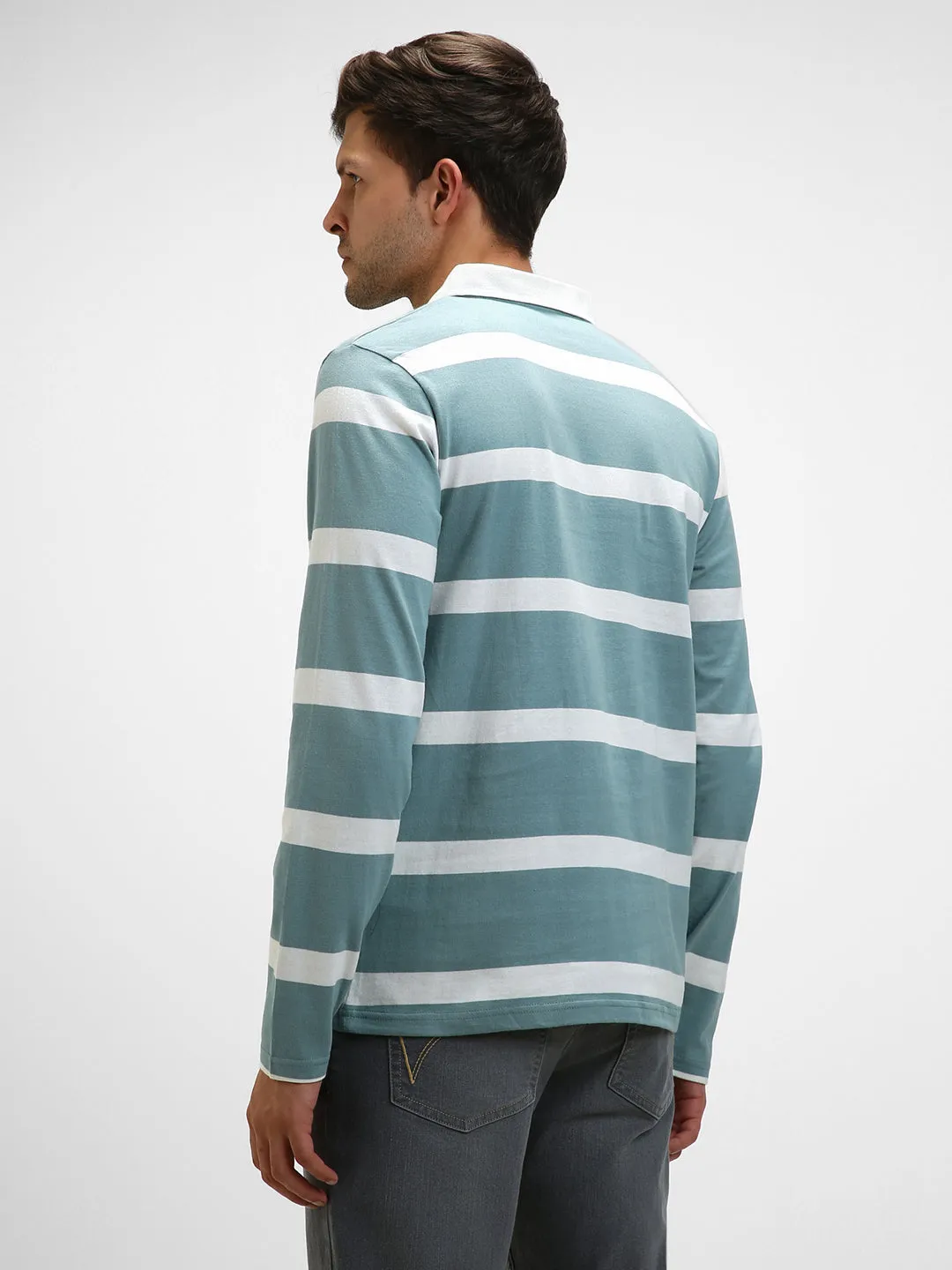 Men's Spread Collar Regular Fit Y/D Stripes Sea Blue T-Shirt