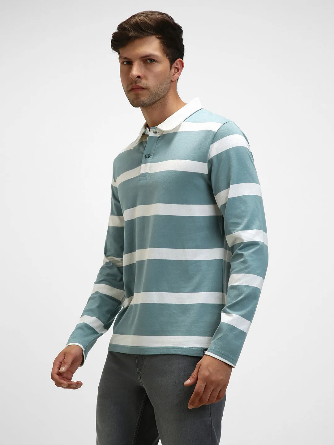 Men's Spread Collar Regular Fit Y/D Stripes Sea Blue T-Shirt