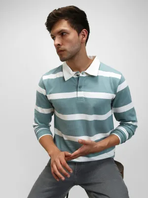 Men's Spread Collar Regular Fit Y/D Stripes Sea Blue T-Shirt