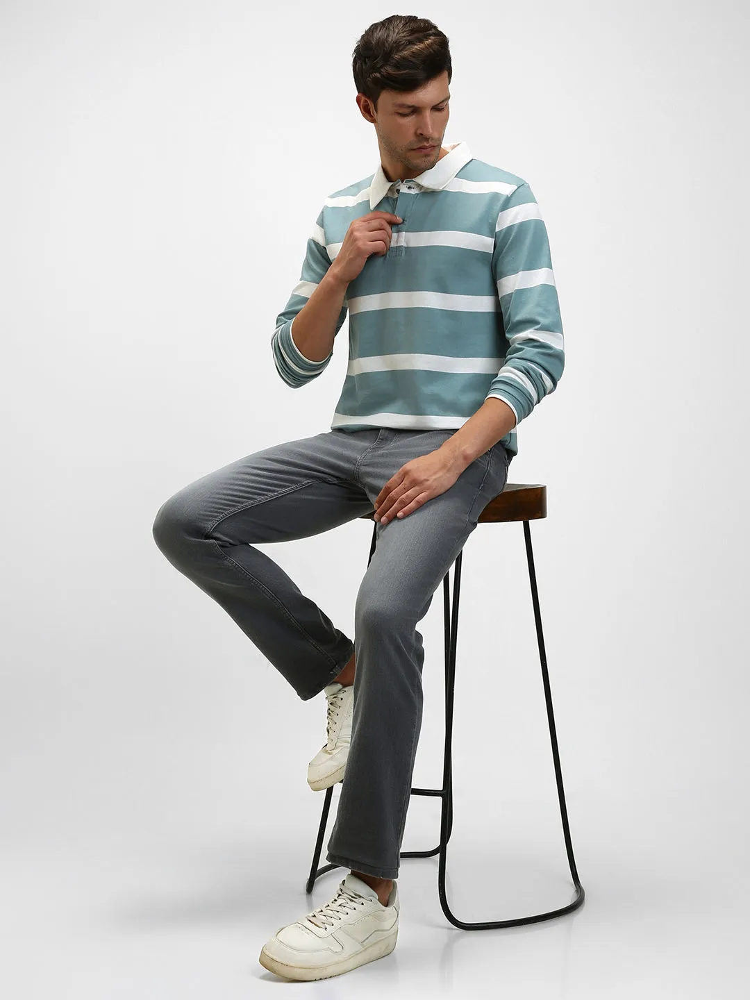 Men's Spread Collar Regular Fit Y/D Stripes Sea Blue T-Shirt