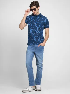 Men's Spread Collar Slim Fit Aop Blue T-shirt