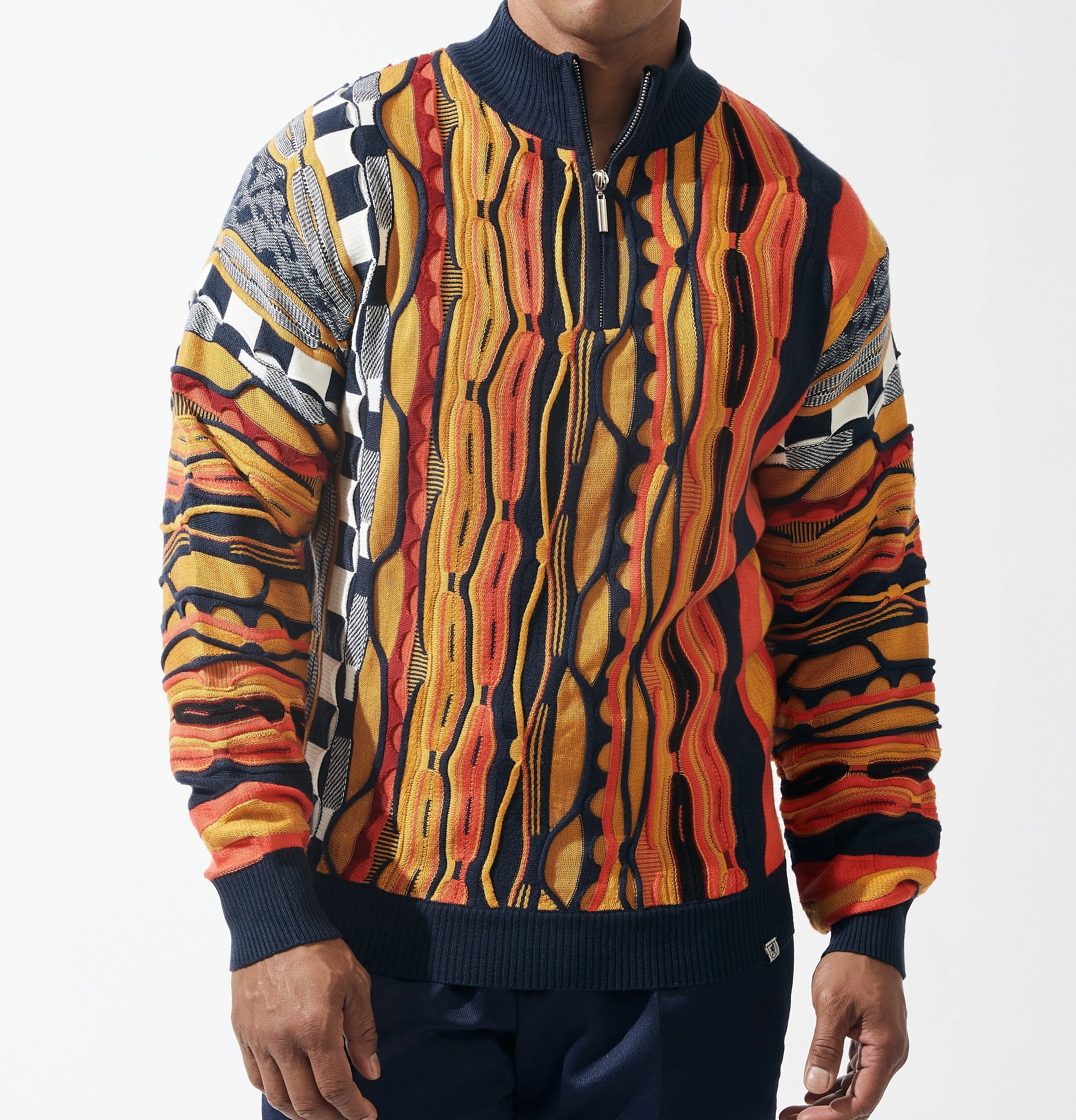 Mens Stacy Adams Vintage Style Pullover Sweater Navy   Bright Orange 83005