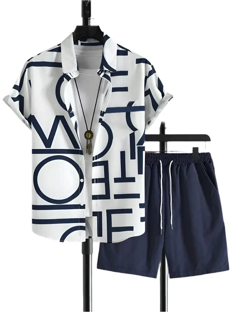 Men's Street Fashion Summer Set - Casual Short-Sleeved Striped Shirt & Beach Shorts
