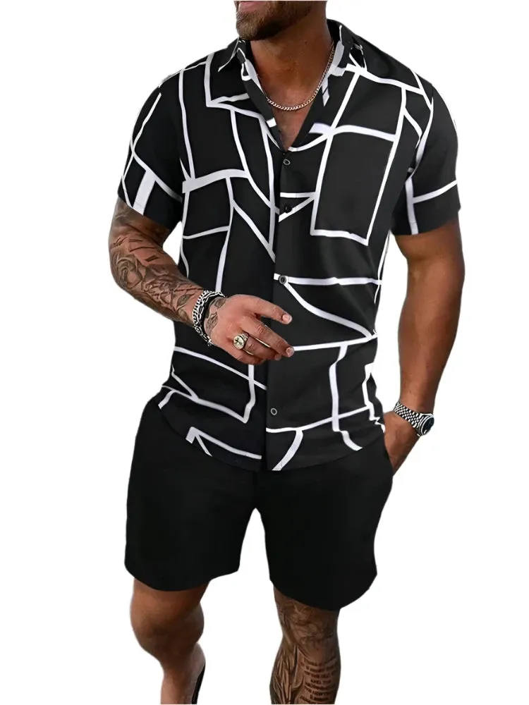 Men's Street Fashion Summer Set - Casual Short-Sleeved Striped Shirt & Beach Shorts