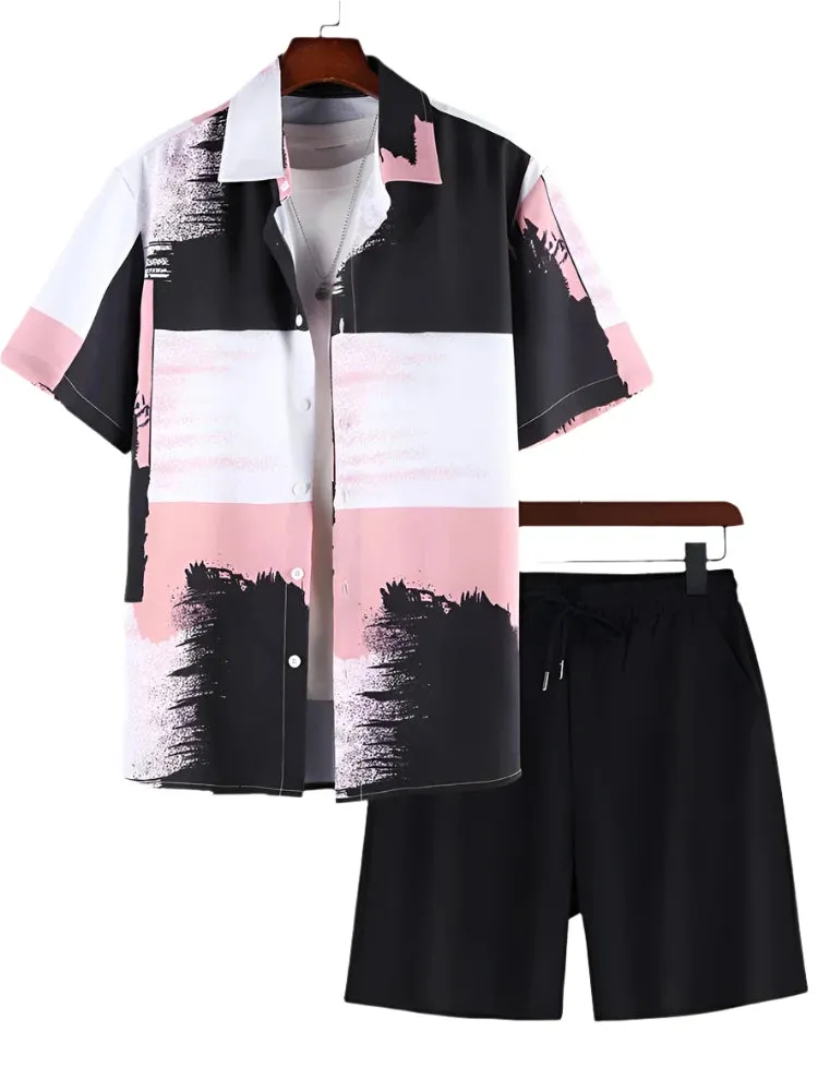 Men's Street Fashion Summer Set - Casual Short-Sleeved Striped Shirt & Beach Shorts