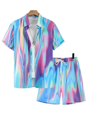 Men's Street Fashion Summer Set - Casual Short-Sleeved Striped Shirt & Beach Shorts