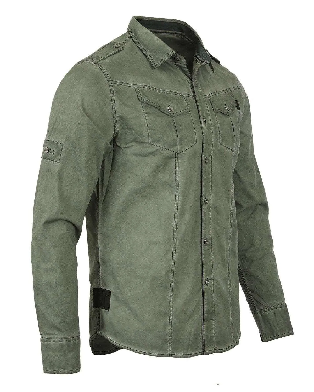 Men's Stretch Roll-Up Sleeve Khaki Vintage Washed Rugged Fashion Buttoned Shirt