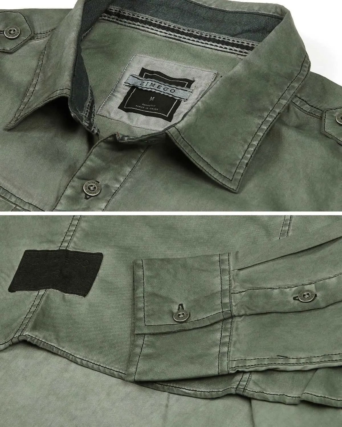 Men's Stretch Roll-Up Sleeve Khaki Vintage Washed Rugged Fashion Buttoned Shirt