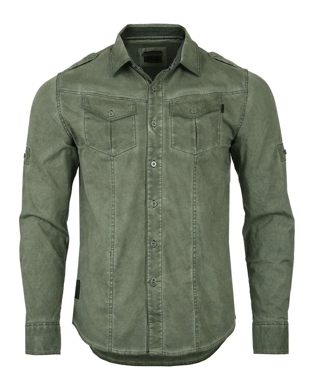 Men's Stretch Roll-Up Sleeve Khaki Vintage Washed Rugged Fashion Buttoned Shirt