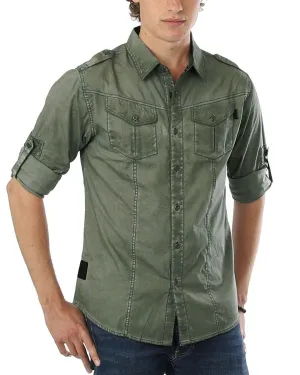 Men's Stretch Roll-Up Sleeve Khaki Vintage Washed Rugged Fashion Buttoned Shirt
