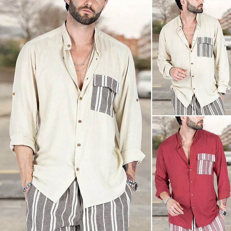 Men's Summer Color Contrast Patchwork Lapel Casual Shirt