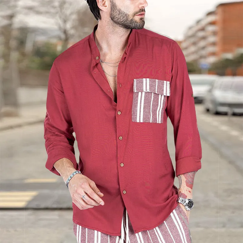 Men's Summer Color Contrast Patchwork Lapel Casual Shirt