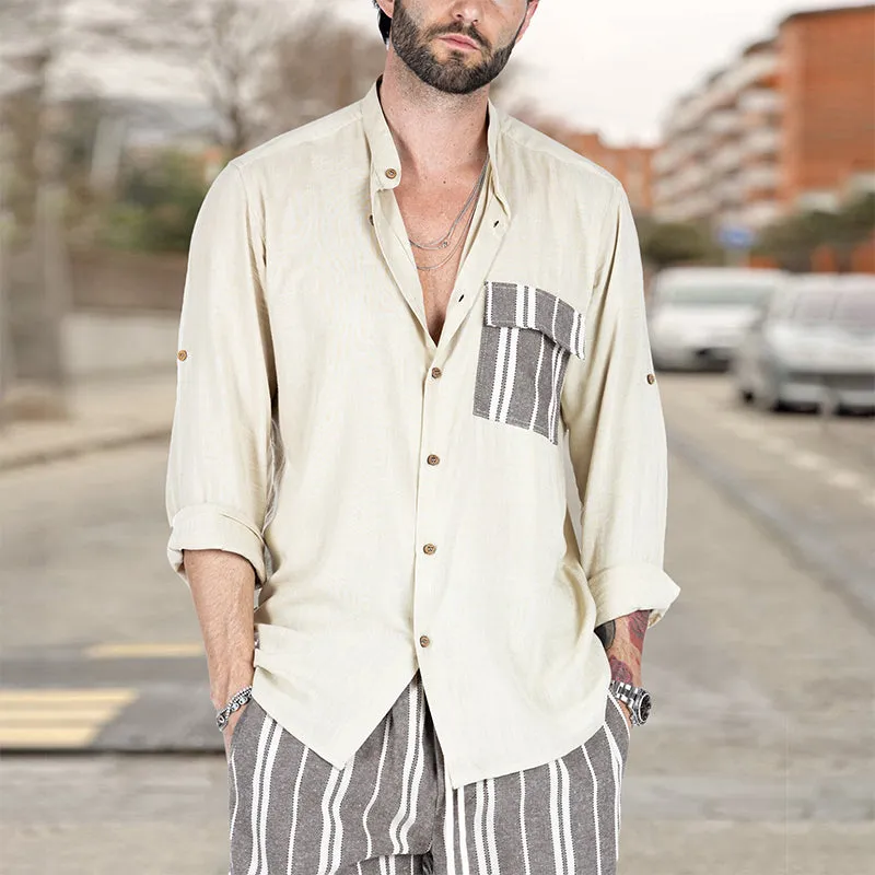 Men's Summer Color Contrast Patchwork Lapel Casual Shirt
