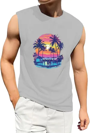 Men's Summer Tank Tops Trendy Gulf of Mexico Print Graphic Tees Tropical Coconut Print Sleeveless Beach Shirt Vests