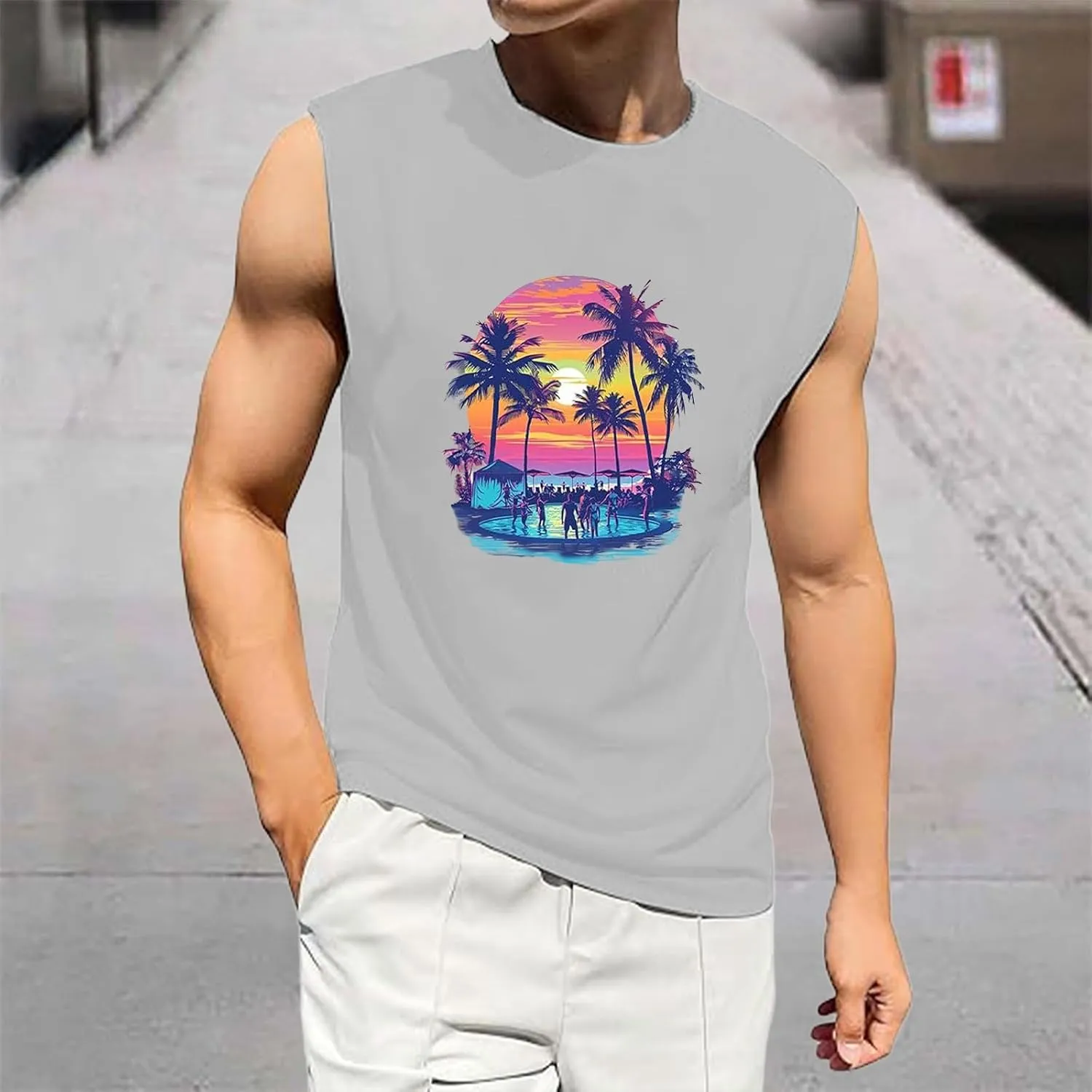 Men's Summer Tank Tops Trendy Gulf of Mexico Print Graphic Tees Tropical Coconut Print Sleeveless Beach Shirt Vests