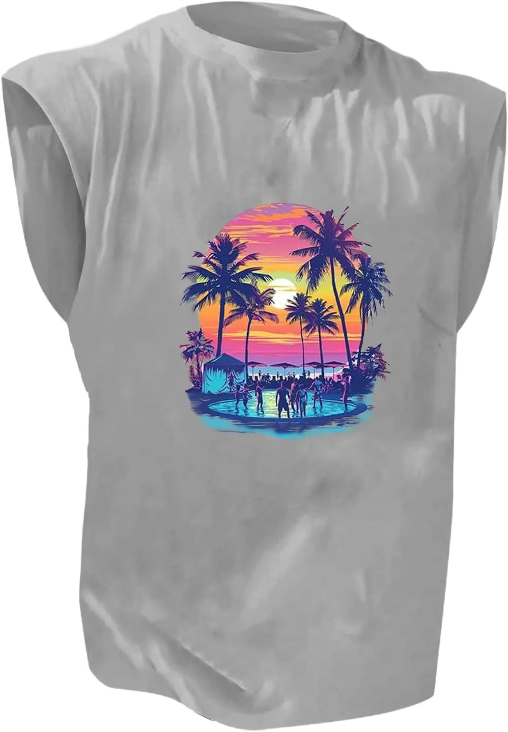 Men's Summer Tank Tops Trendy Gulf of Mexico Print Graphic Tees Tropical Coconut Print Sleeveless Beach Shirt Vests