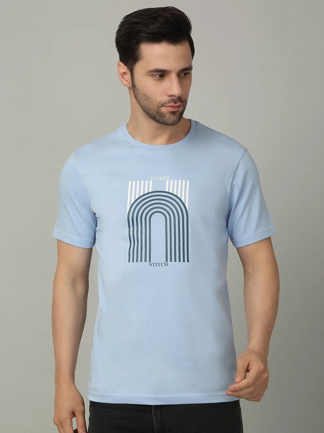 Men's Super Combed Cotton Printed Sky Blue T-shirt