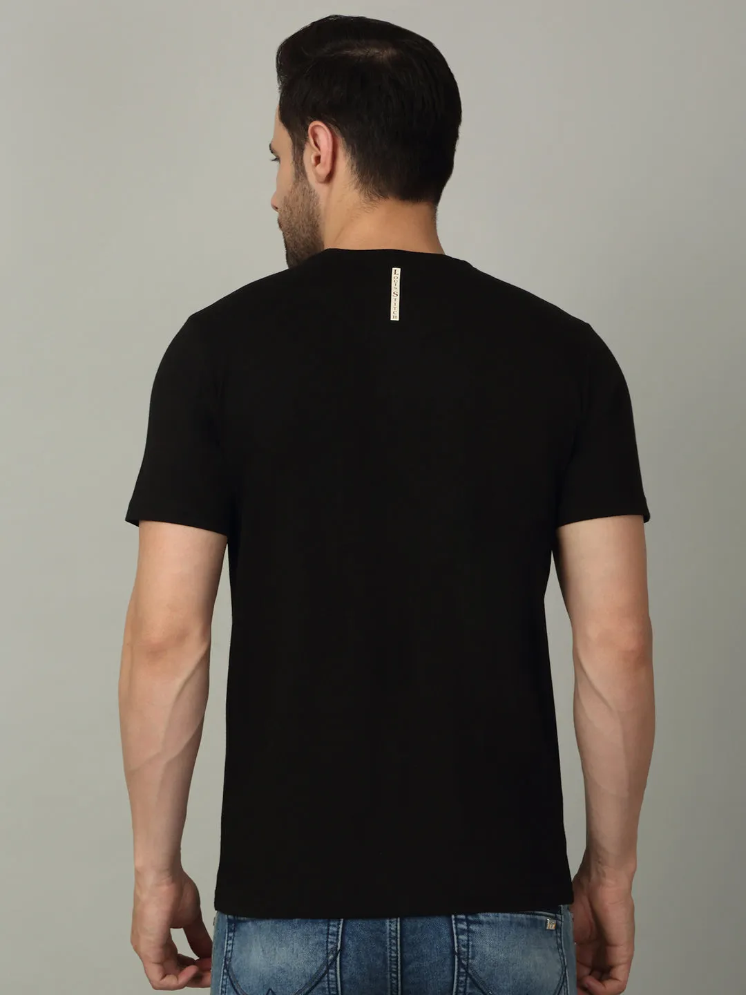 Men's Super Combed Cotton Stripes Printed Black T-shirt