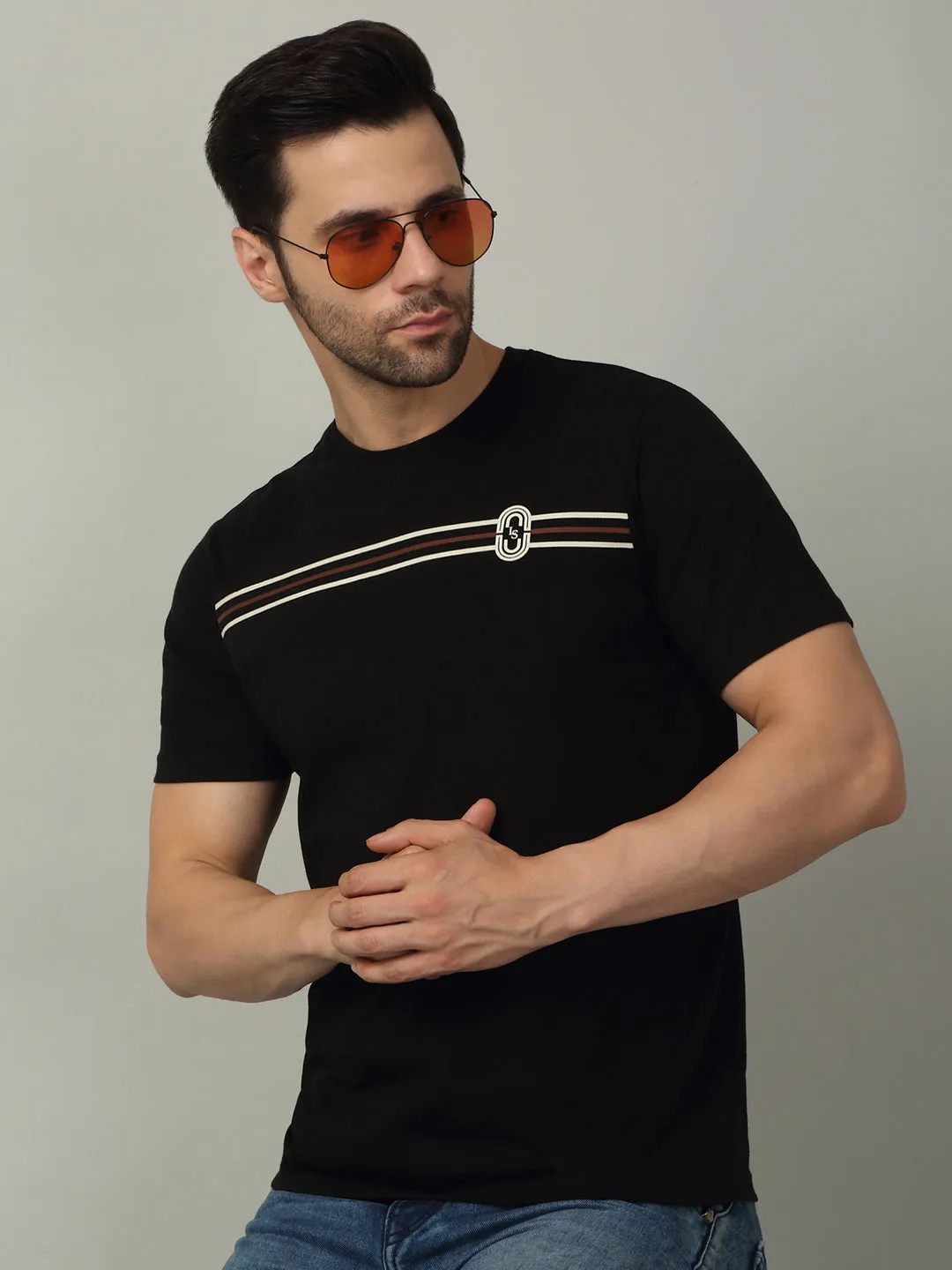 Men's Super Combed Cotton Stripes Printed Black T-shirt