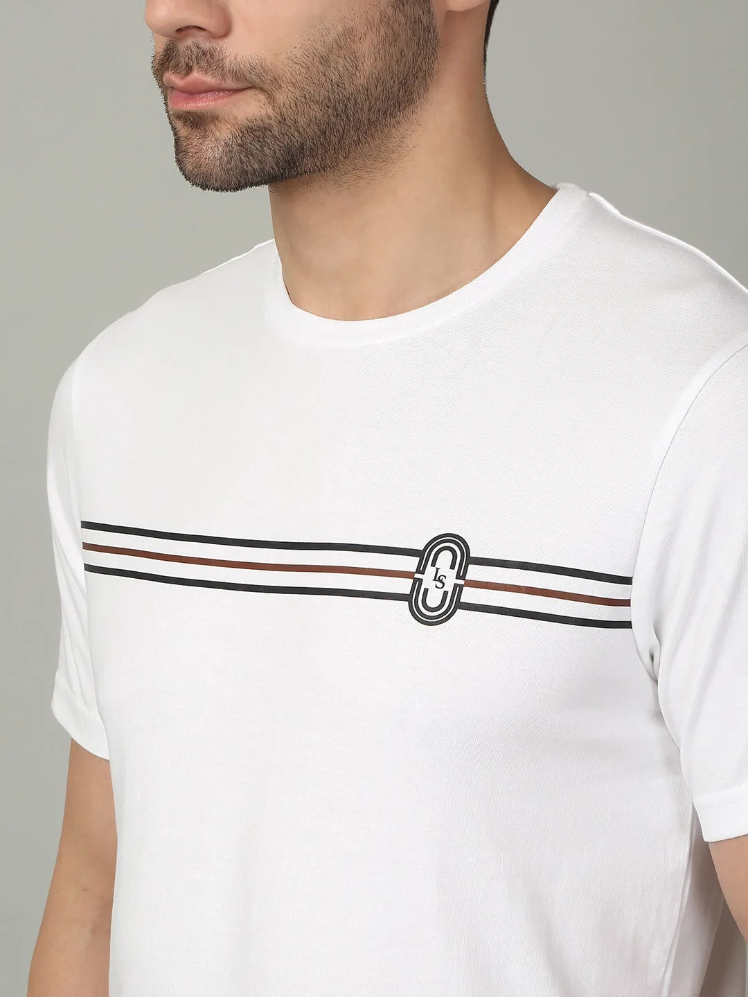 Men's Super Combed Cotton Stripes Printed White T-shirt