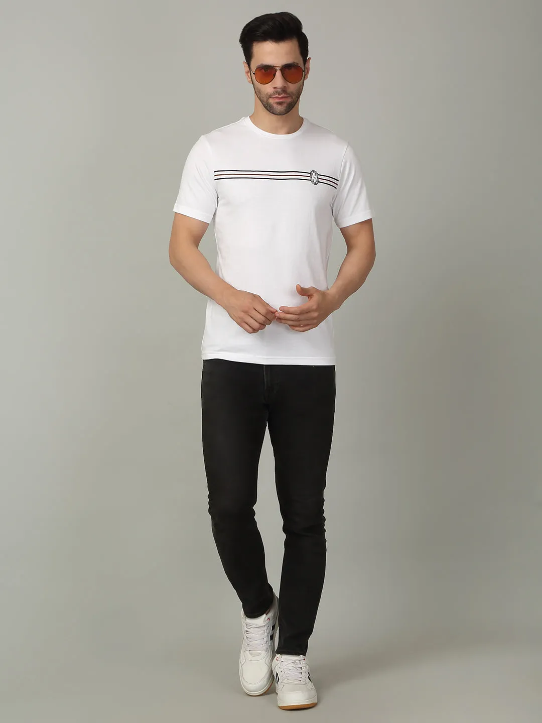 Men's Super Combed Cotton Stripes Printed White T-shirt