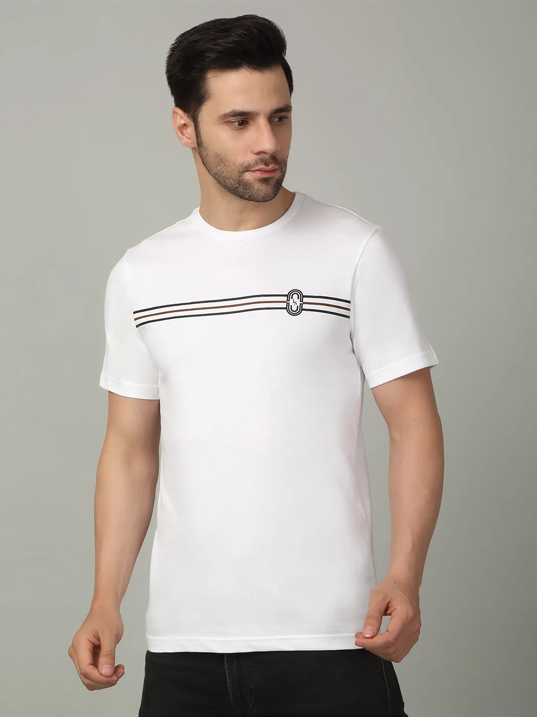Men's Super Combed Cotton Stripes Printed White T-shirt