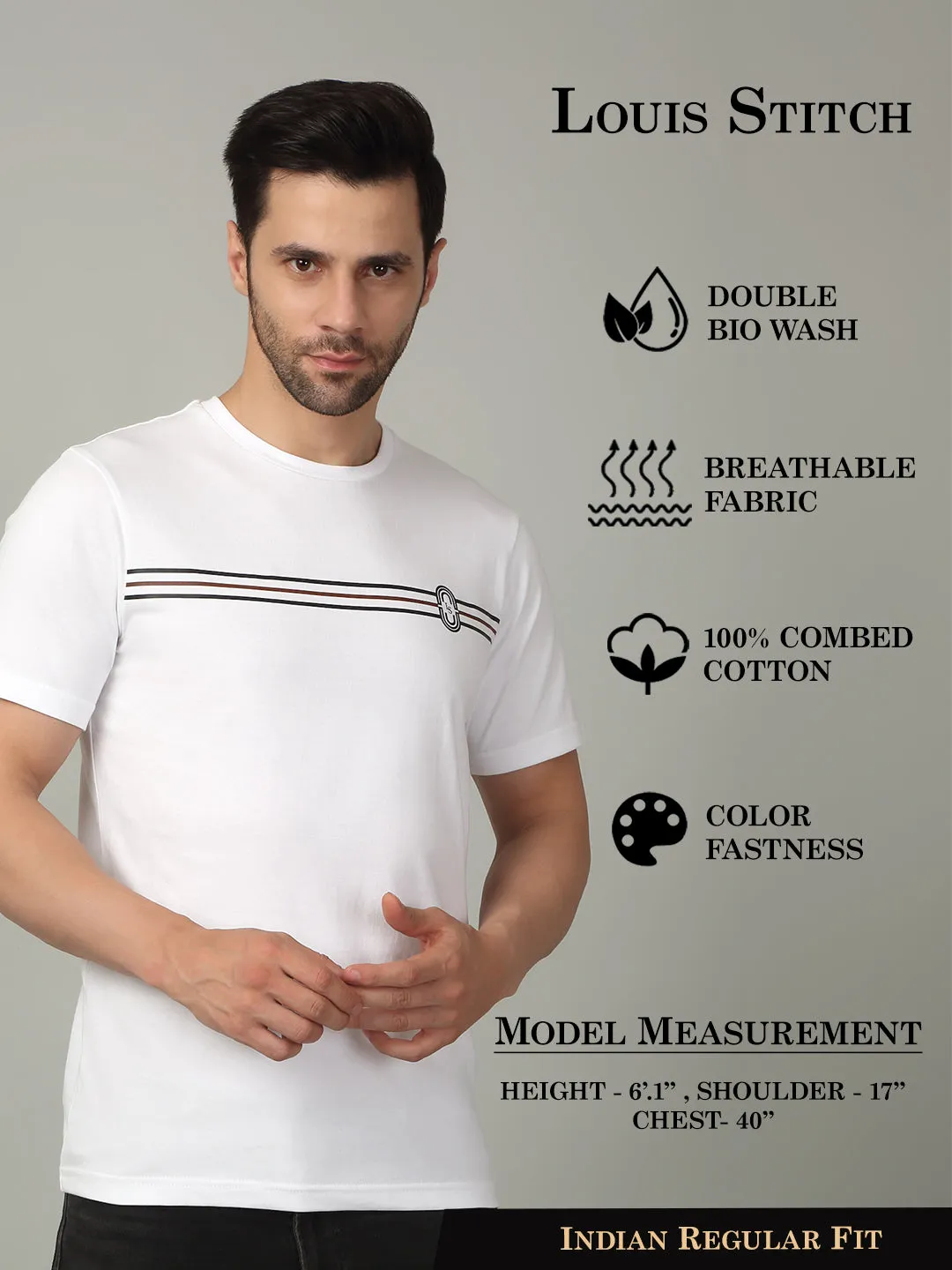 Men's Super Combed Cotton Stripes Printed White T-shirt