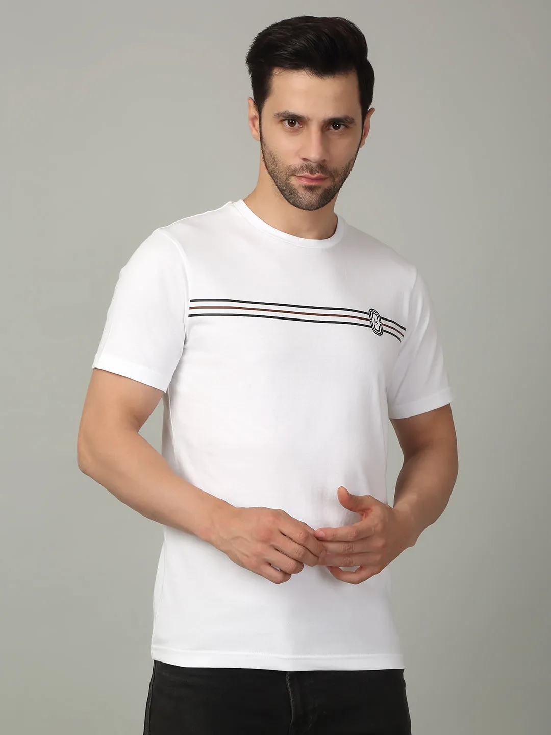 Men's Super Combed Cotton Stripes Printed White T-shirt