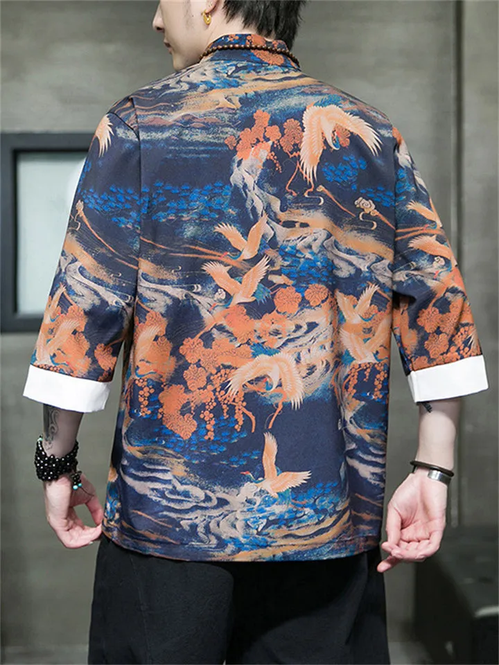 Men's Tang Suit Crane Print Half Sleeve Shirt