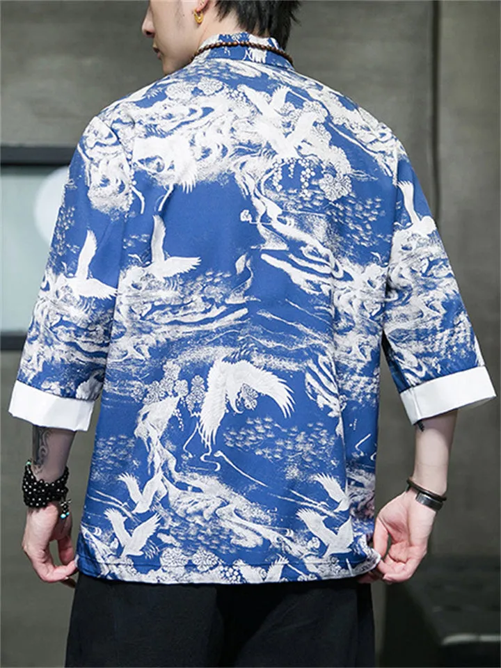 Men's Tang Suit Crane Print Half Sleeve Shirt