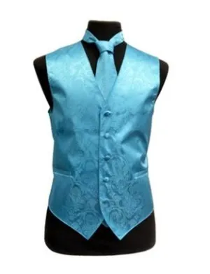 Men's Turquoise Paisley Vest with Neck Tie