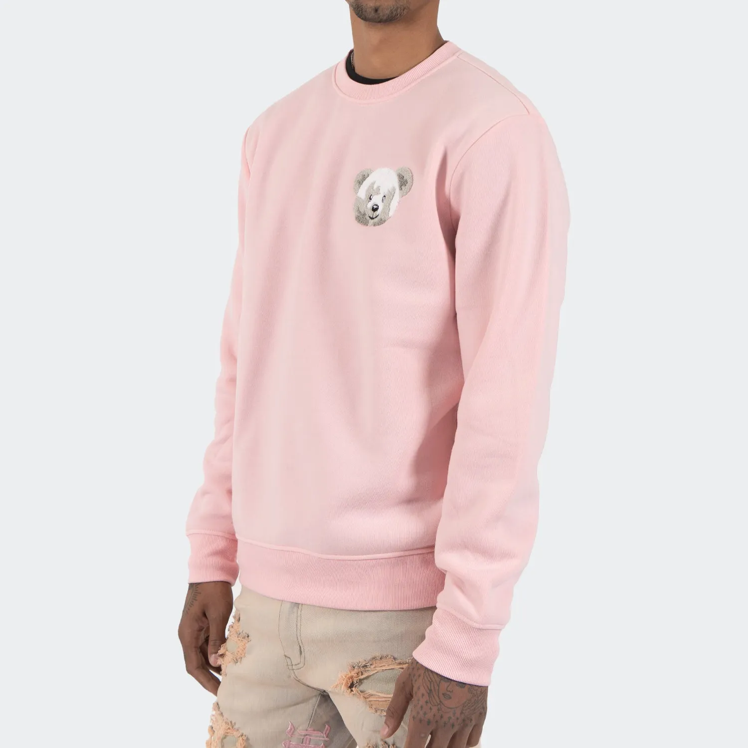 Men's TWO MILL TWENTY Shrink Wrap Teddy Bear Crewneck Sweatshirt Pink