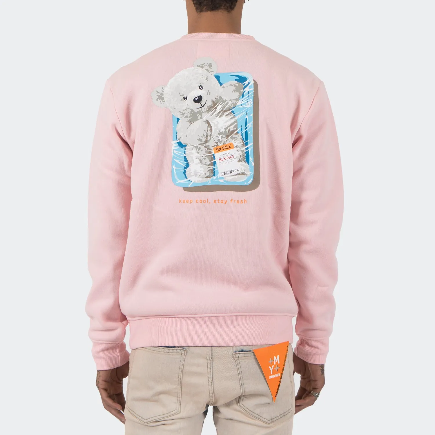 Men's TWO MILL TWENTY Shrink Wrap Teddy Bear Crewneck Sweatshirt Pink
