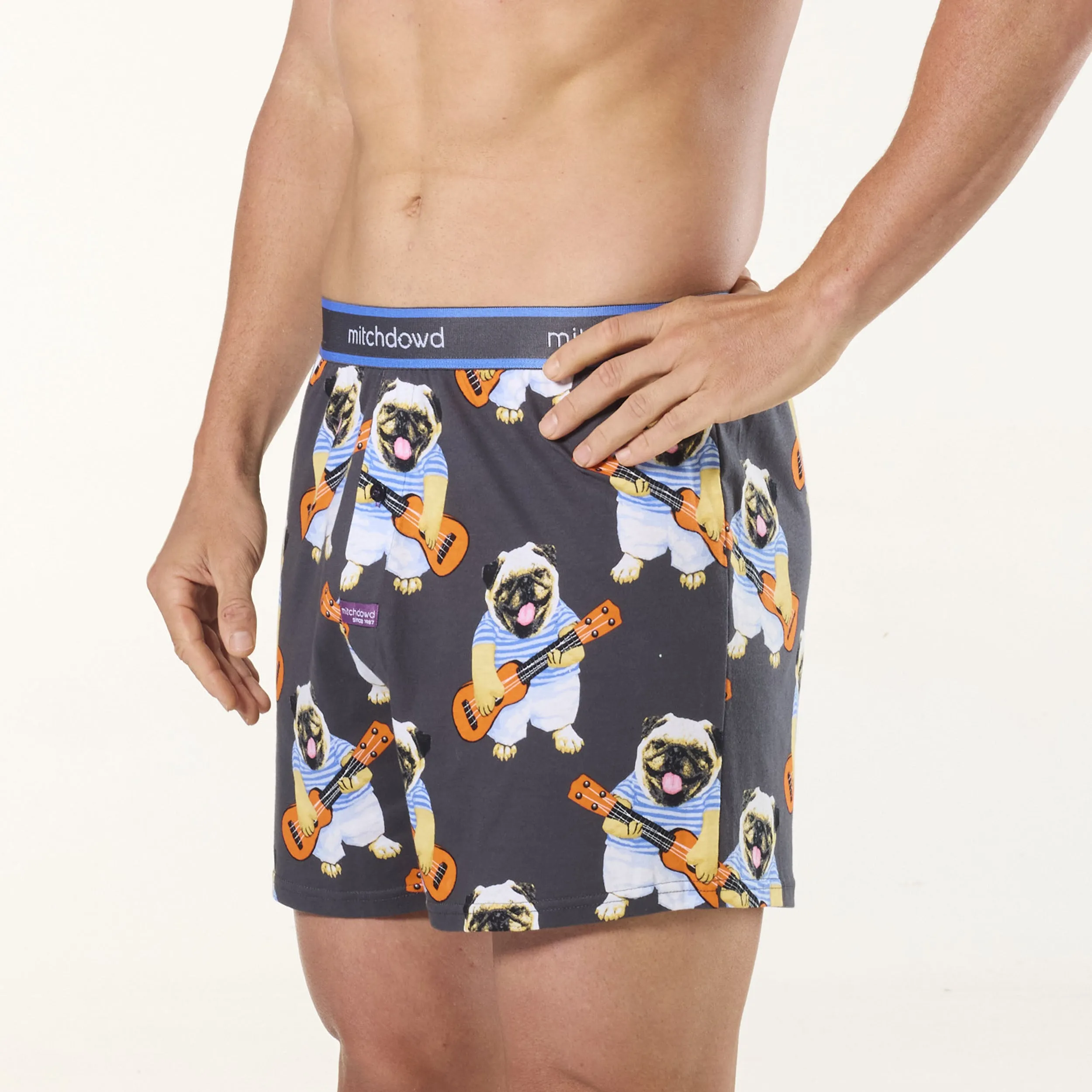 Men's Ukulele Pugs Cotton Loose Fit Knit Boxer Shorts - Charcoal