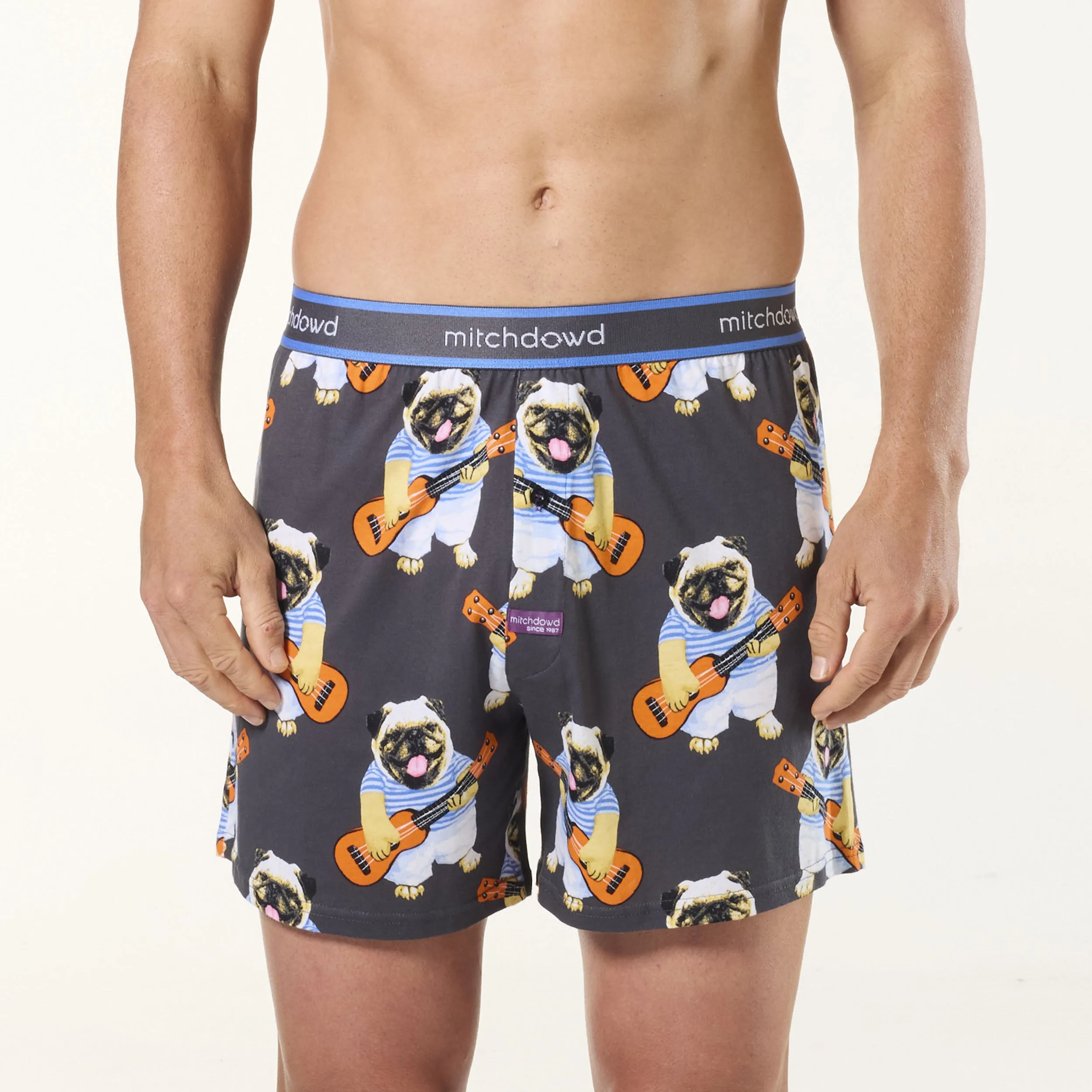 Men's Ukulele Pugs Cotton Loose Fit Knit Boxer Shorts - Charcoal