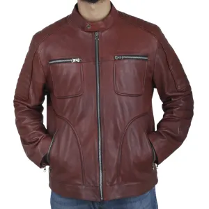 Men's Vintage Casual Stand Collar Zipper Leather Jacket 75550193F