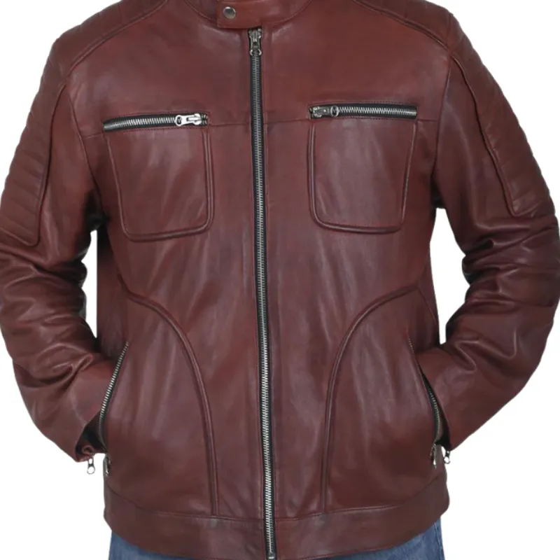 Men's Vintage Casual Stand Collar Zipper Leather Jacket 75550193F