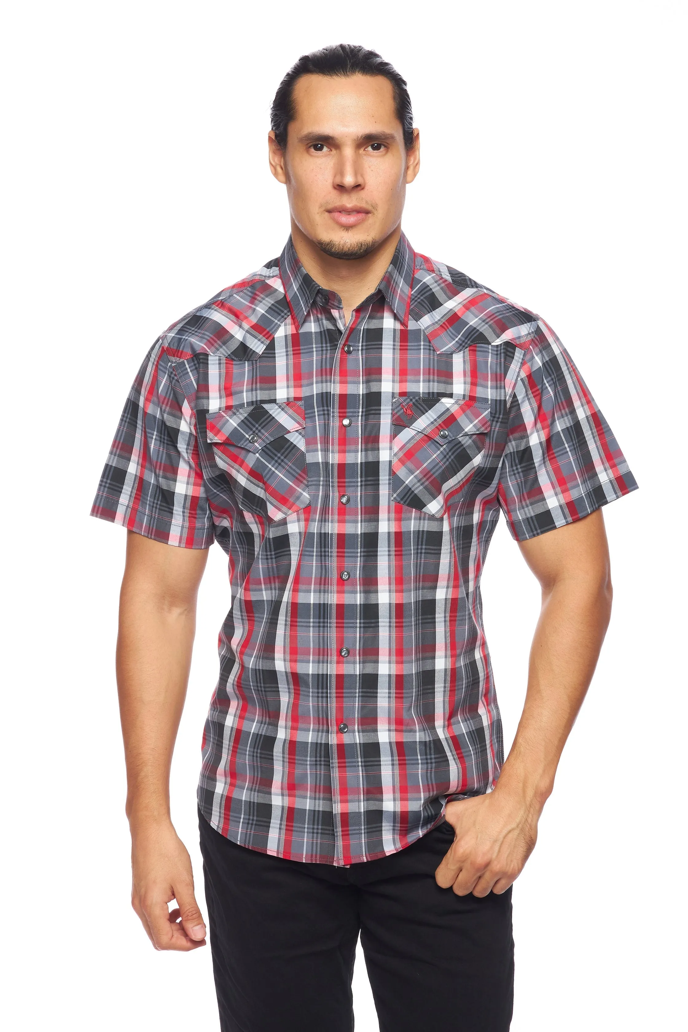 Men's Western Short Sleeve Pearl Snaps Plaid Shirt-PS400S-402