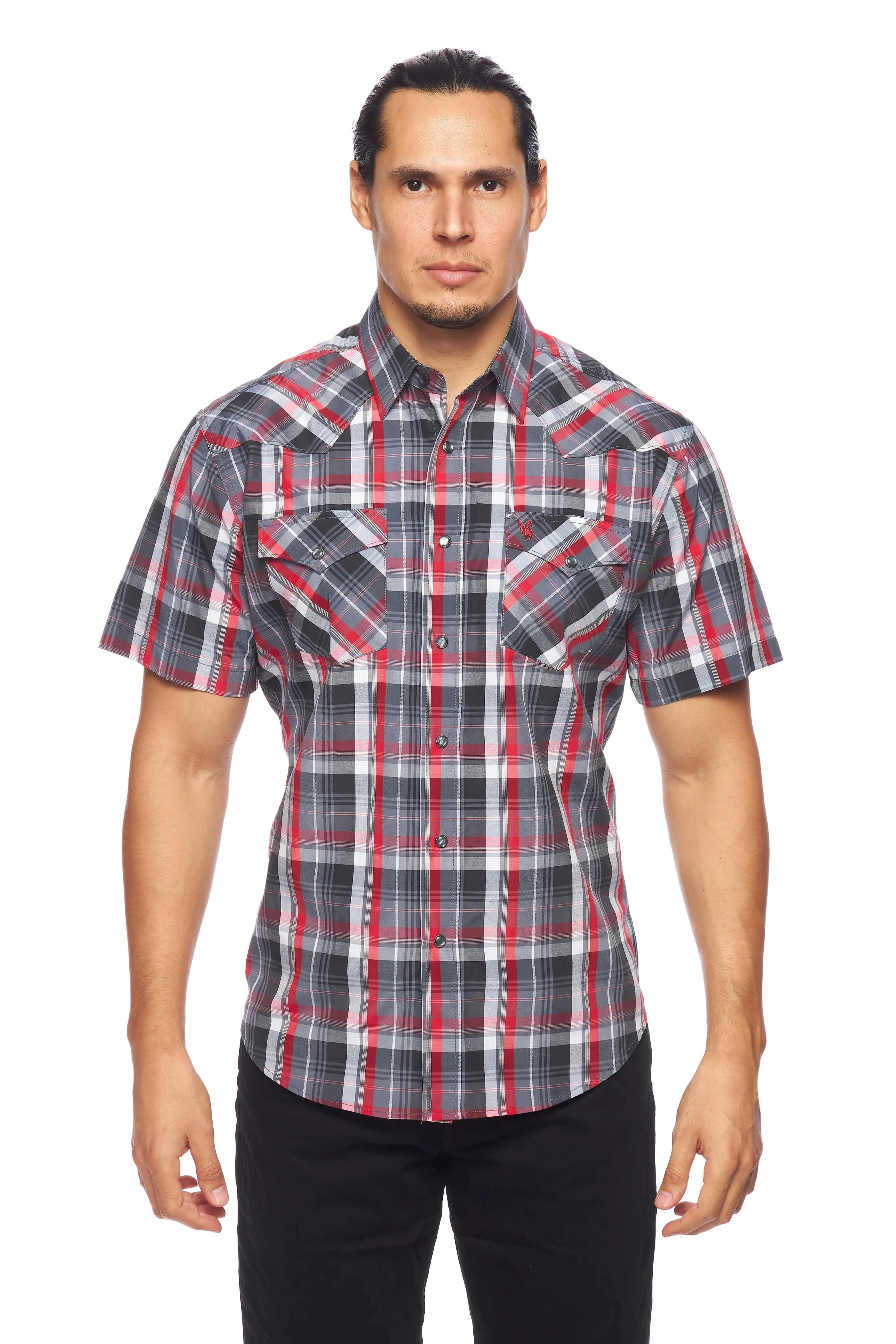 Men's Western Short Sleeve Pearl Snaps Plaid Shirt-PS400S-402