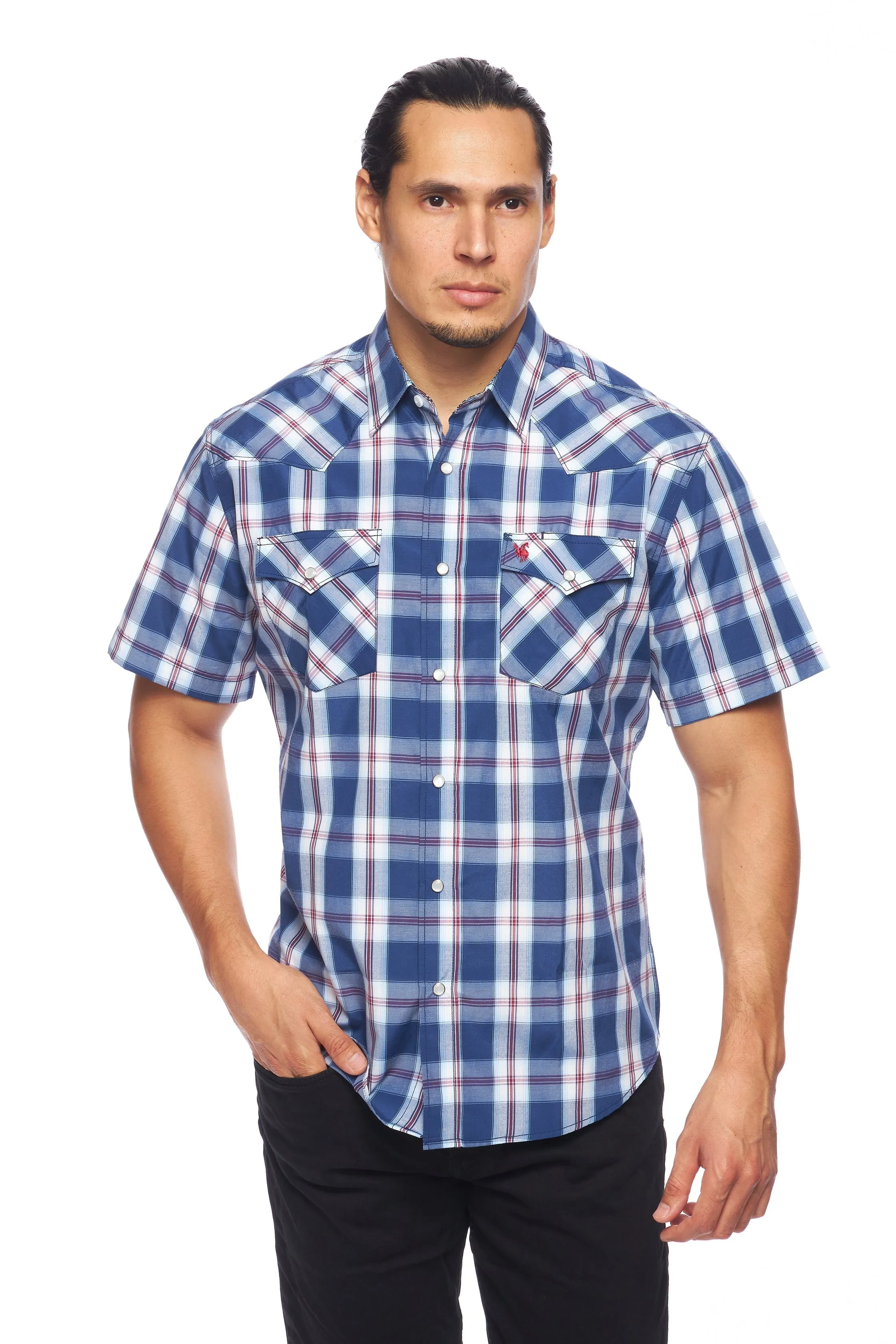 Men's Western Short Sleeve Pearl Snaps Plaid Shirt-PS400S-403
