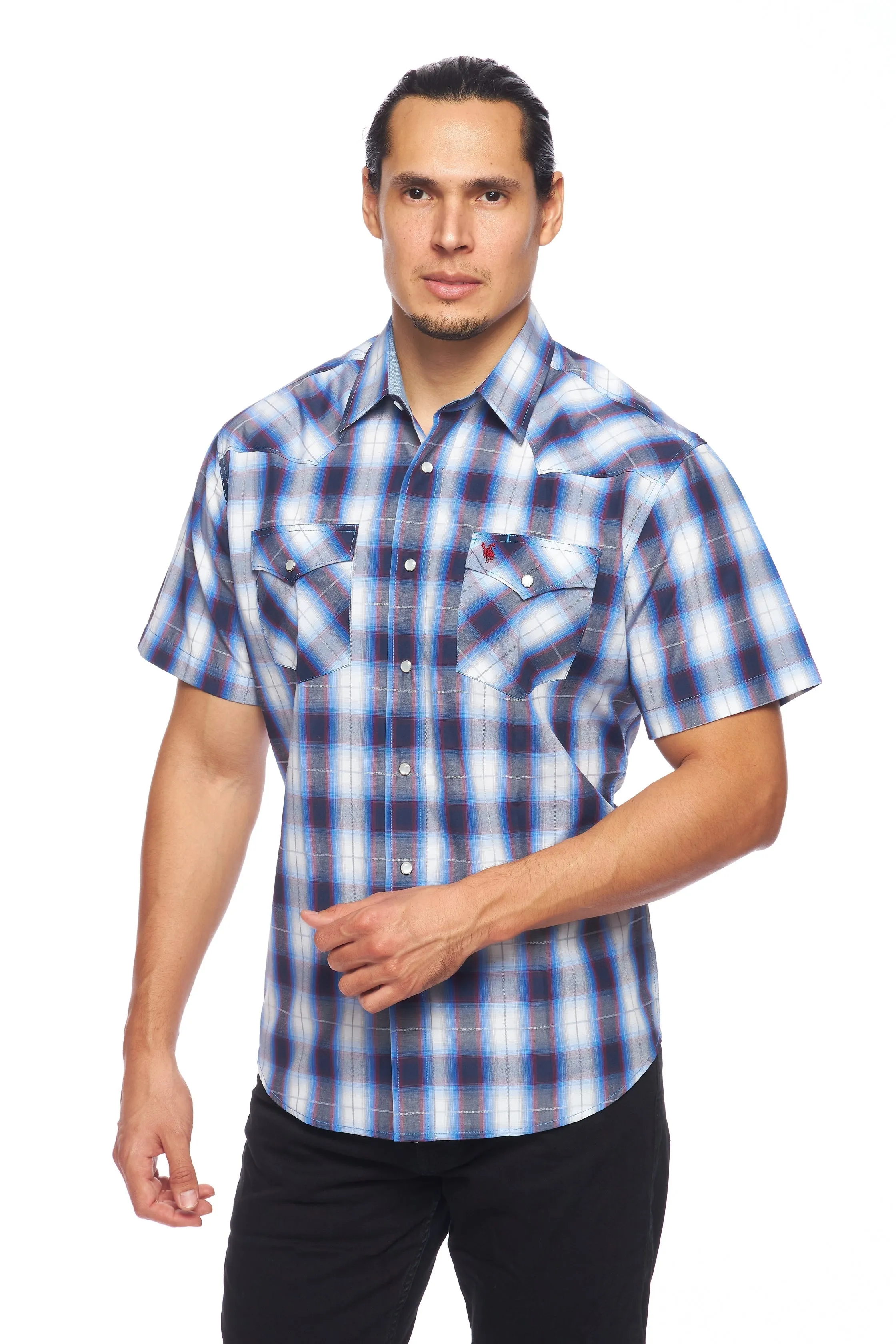 Men's Western Short Sleeve Pearl Snaps Plaid Shirt-PS400S-470