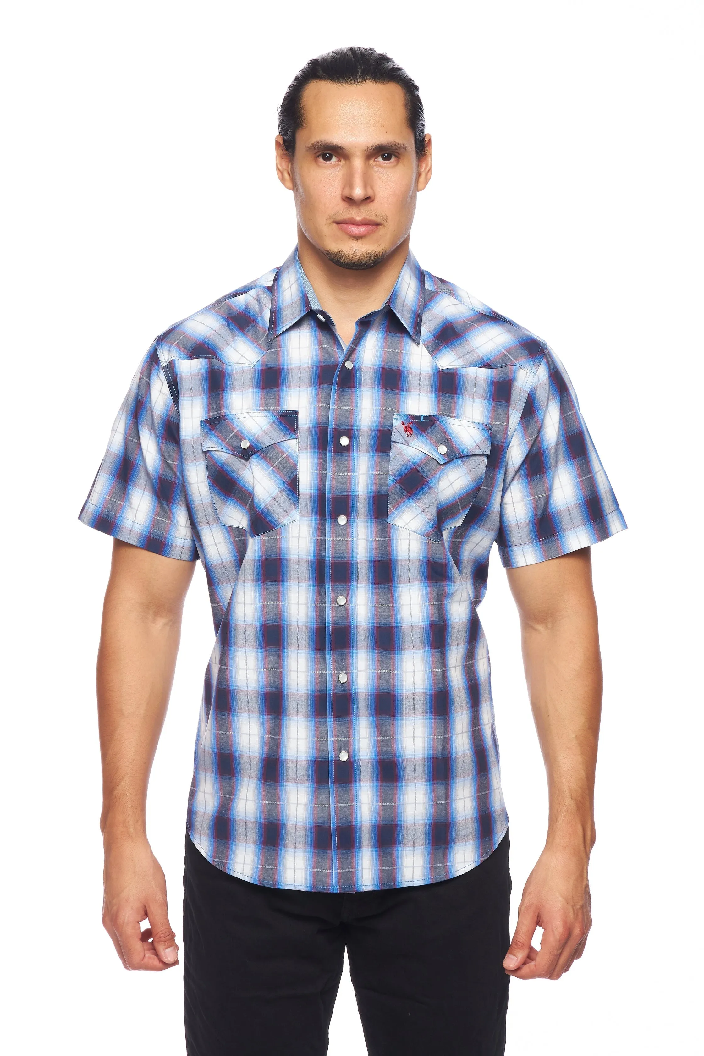 Men's Western Short Sleeve Pearl Snaps Plaid Shirt-PS400S-470