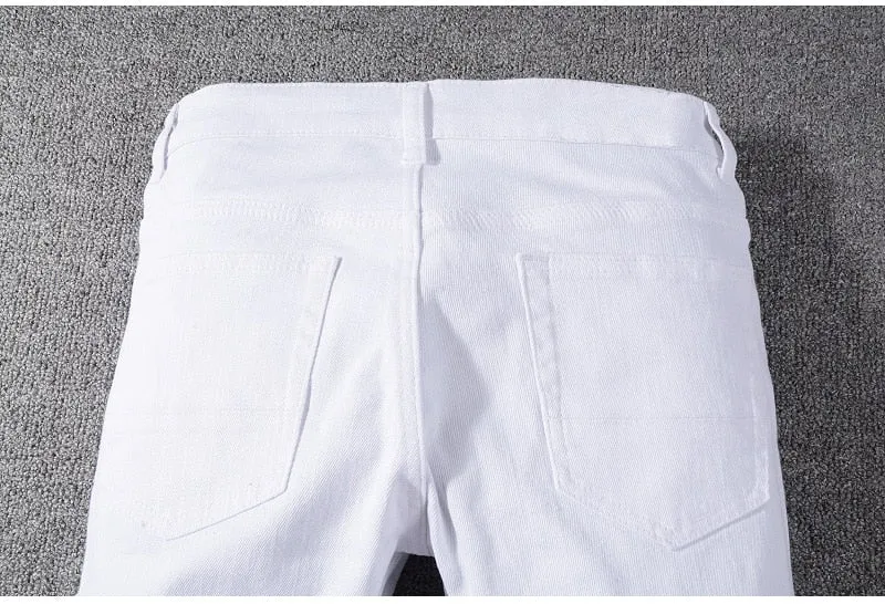 Men's white stretch ripped biker jeans Slim skinny pleated patchwork denim pants