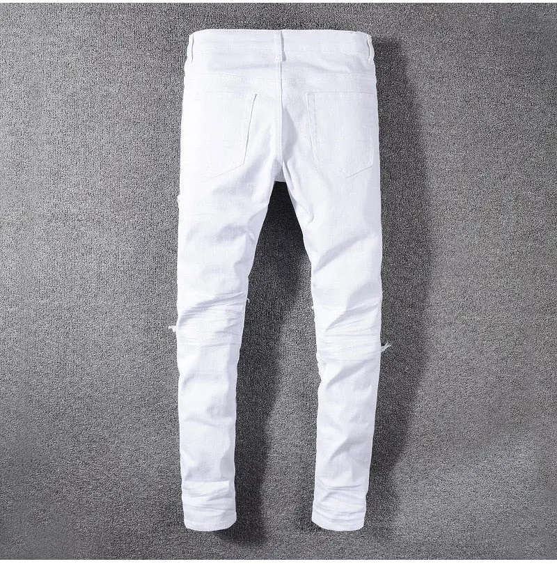 Men's white stretch ripped biker jeans Slim skinny pleated patchwork denim pants