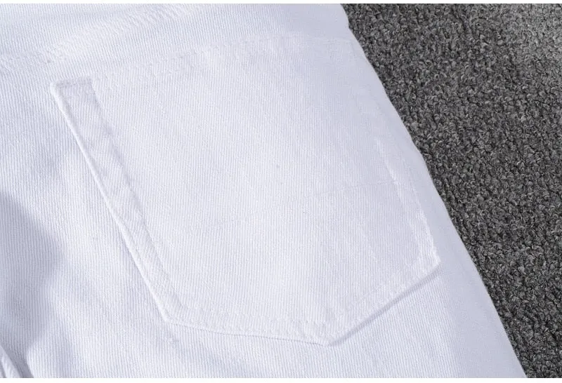 Men's white stretch ripped biker jeans Slim skinny pleated patchwork denim pants