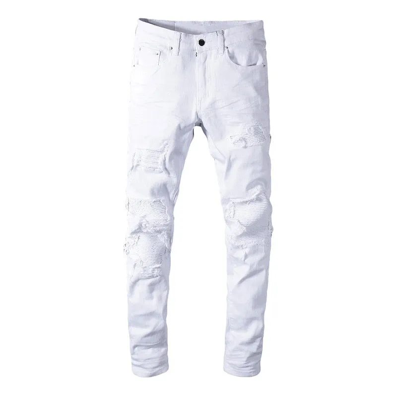 Men's white stretch ripped biker jeans Slim skinny pleated patchwork denim pants