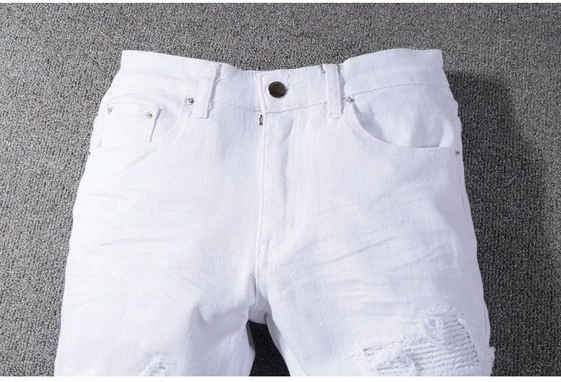 Men's white stretch ripped biker jeans Slim skinny pleated patchwork denim pants