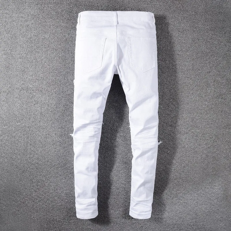 Men's white stretch ripped biker jeans Slim skinny pleated patchwork denim pants