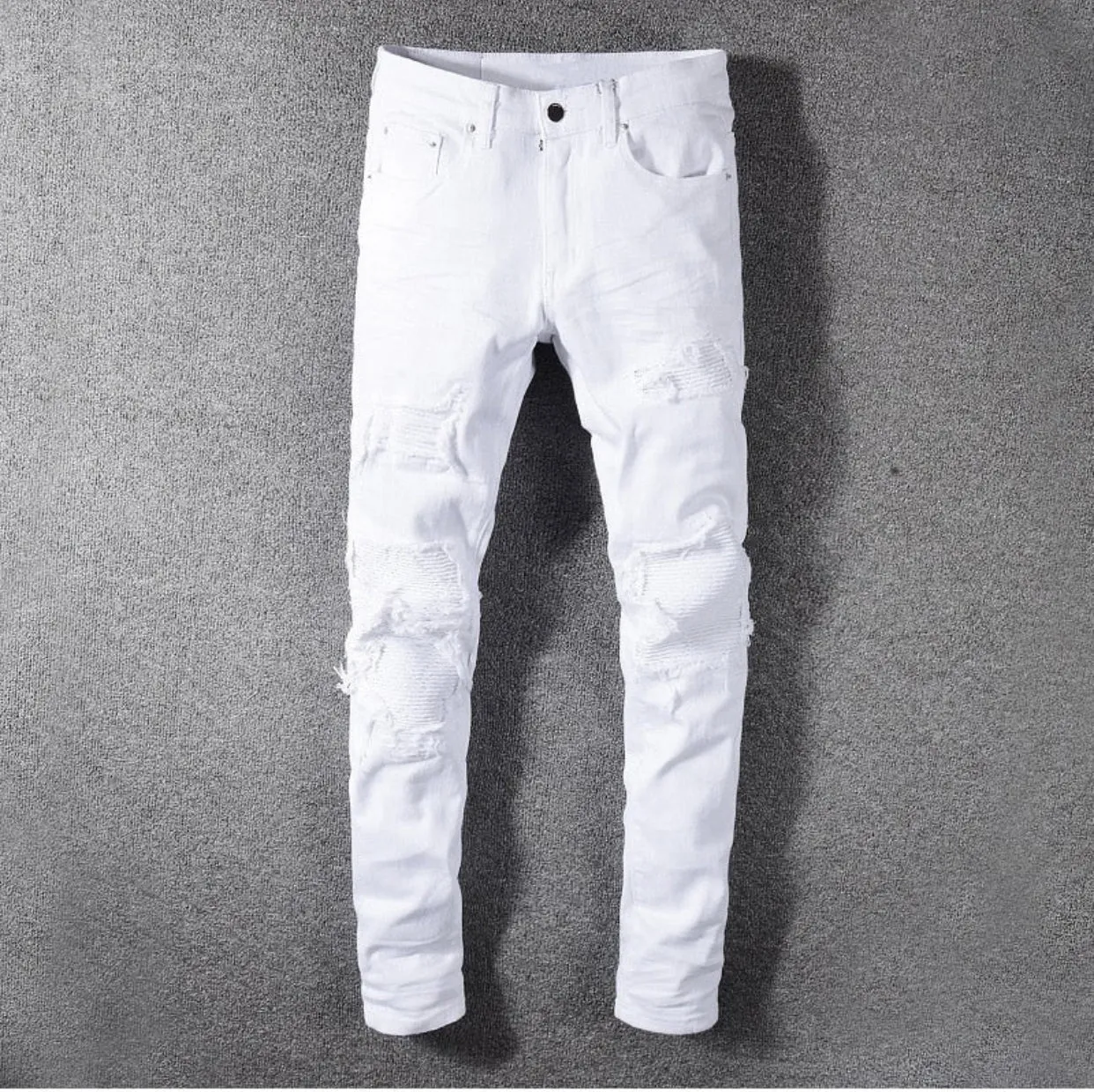 Men's white stretch ripped biker jeans Slim skinny pleated patchwork denim pants